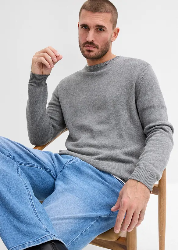 Finstickad tr&ouml;ja med rund halsringning och bomull, bonprix