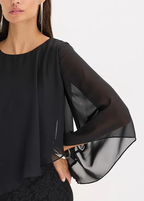 Miniklänning av spets med chiffongcape, bonprix