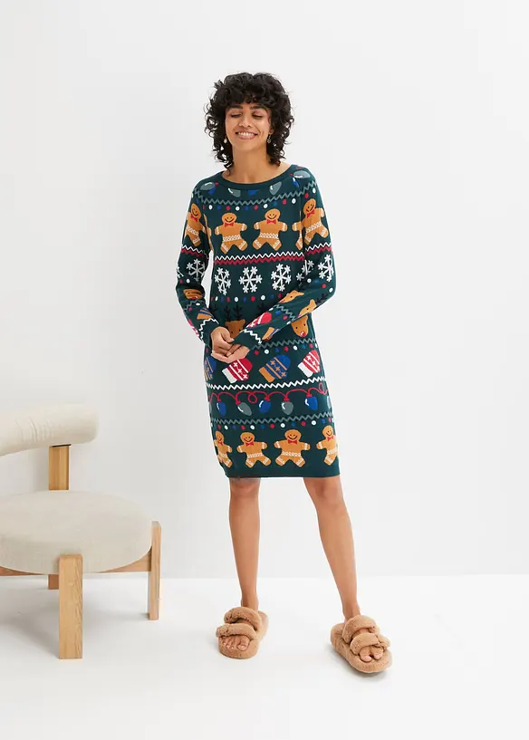 Kort stickad kl&auml;nning med pepparkakor, bonprix
