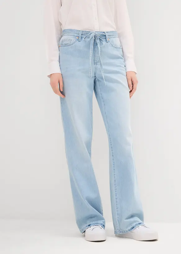 Wide Leg Jeans, Mid Waist, med knytsk&auml;rp, bonprix
