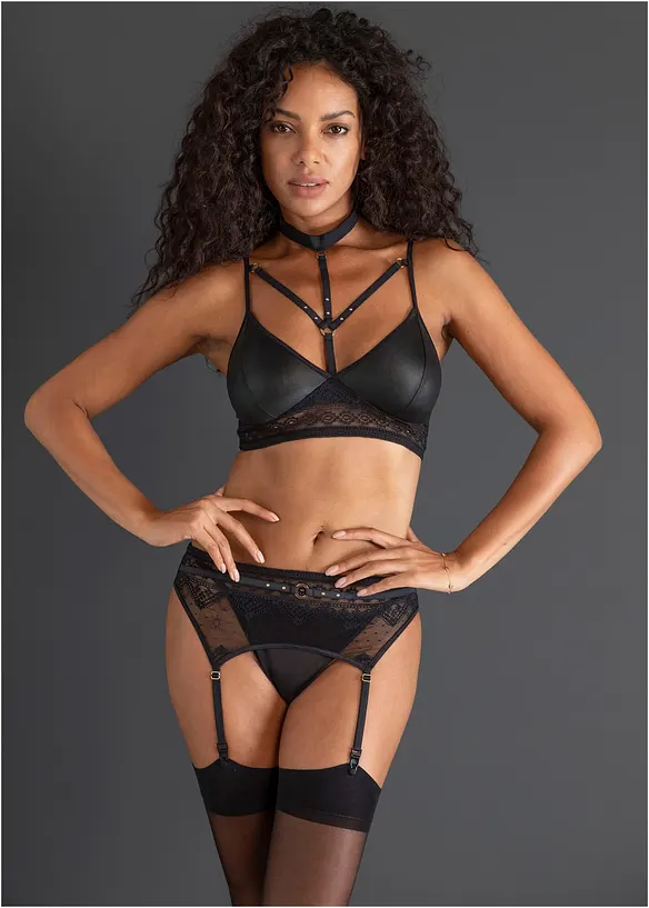 Bralette, stringtrosa och strumpeband (3 delar), bonprix