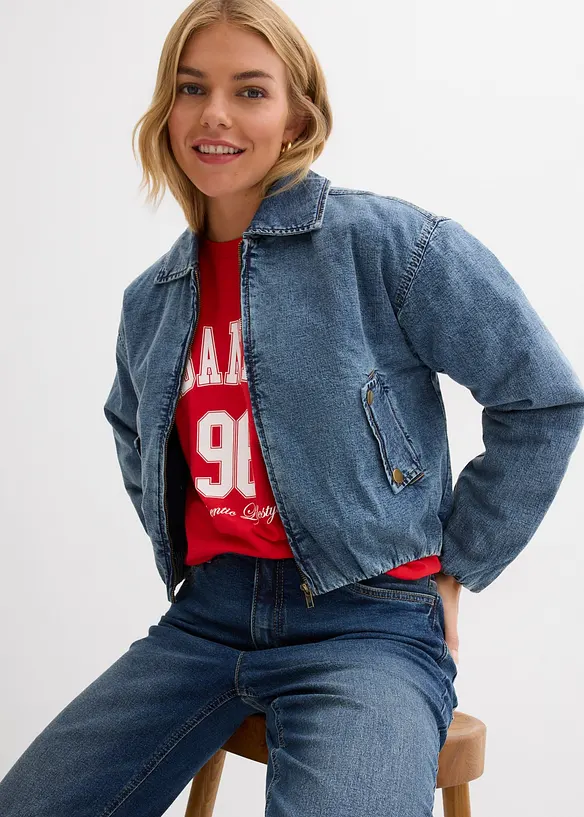 Vadderad jeansjacka med bubblig nederkant, bonprix