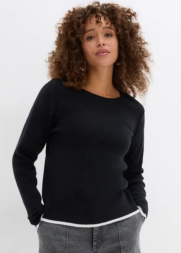 Stickad jumper med kontrasterande nederkant, bonprix