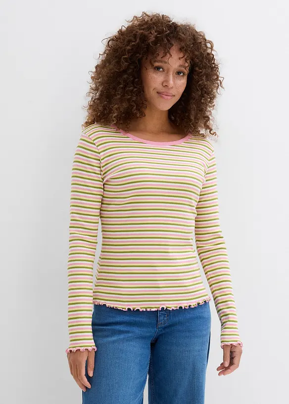 Randig ribbstickad topp i ekologisk bomull, bonprix