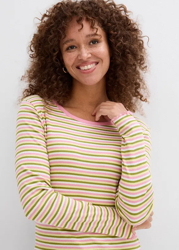 Randig ribbstickad topp i ekologisk bomull, bonprix