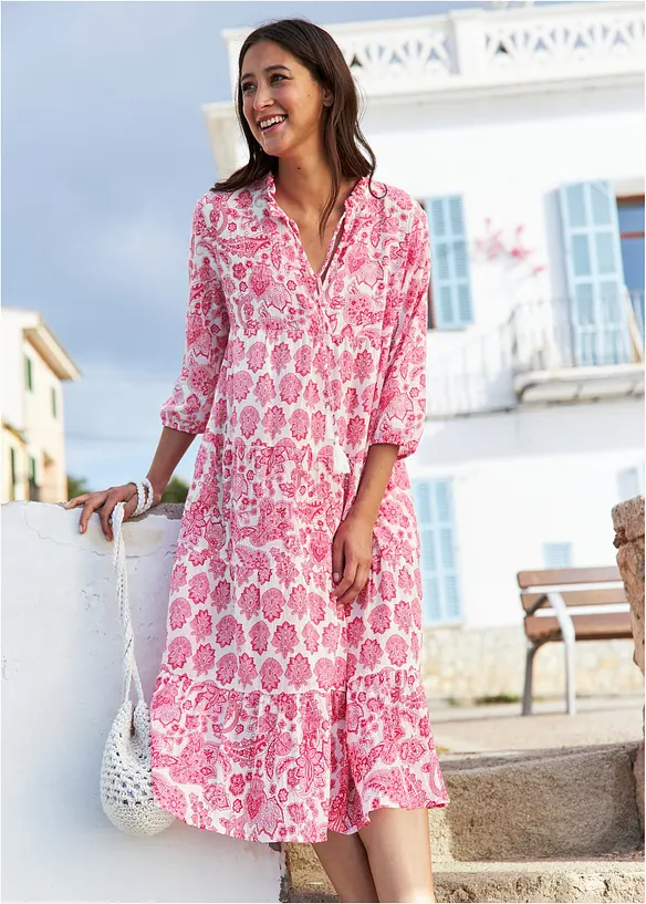 Krinklad v&auml;vd mellanl&aring;ng bomullskl&auml;nning med fickor och 3/4-&auml;rmar, bonprix