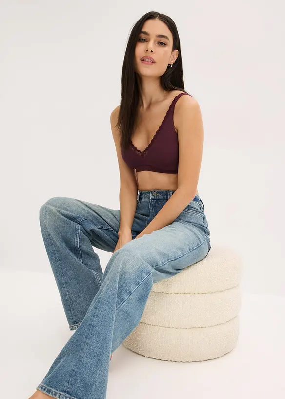 Ribbstickad bralette med ekologisk bomull och spets, bonprix