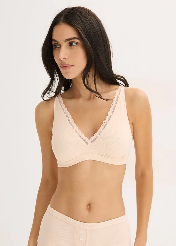 Ribbstickad bralette med ekologisk bomull och spets, bonprix
