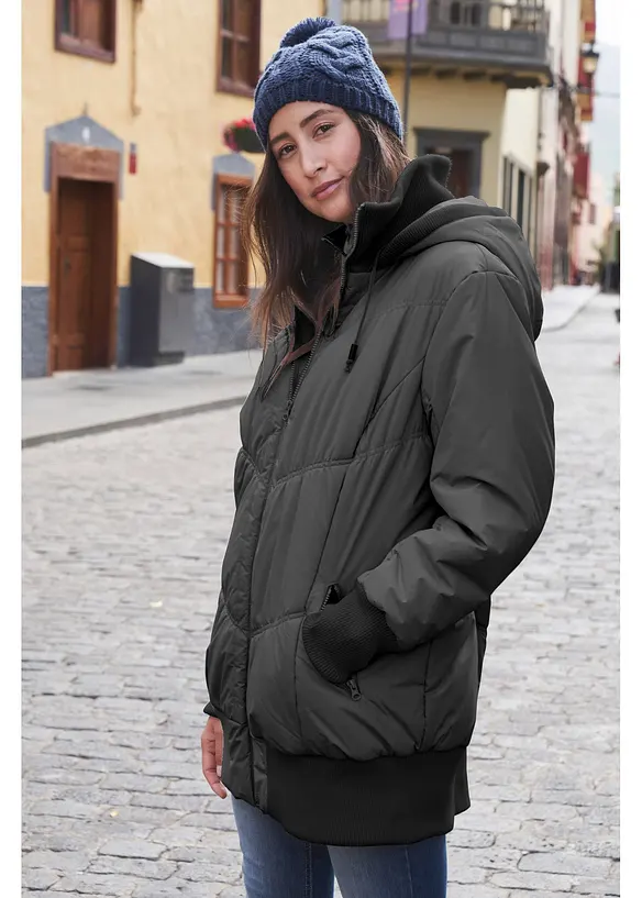 T&auml;ckjacka med bred res&aring;r i nederkanten och luva, bonprix