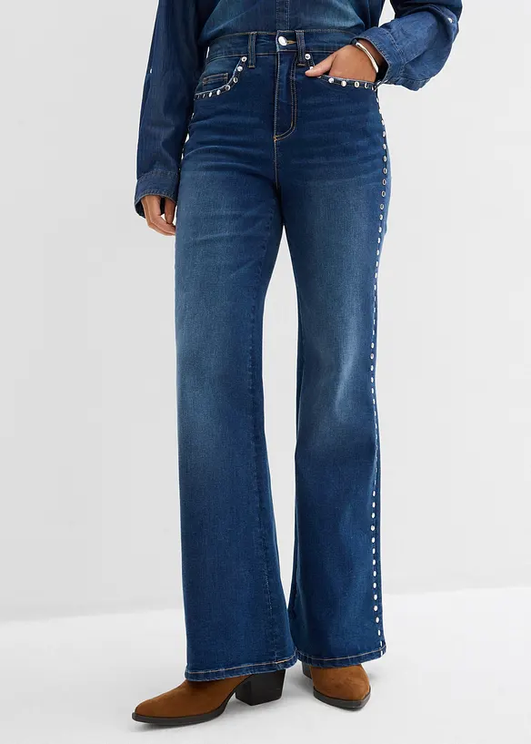 Flared jeans med h&ouml;g midja och nitar, bonprix