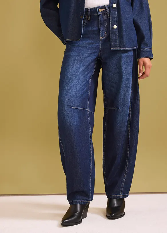 Jeans i Barrel-modell, Mid Waist, Super Soft, bonprix