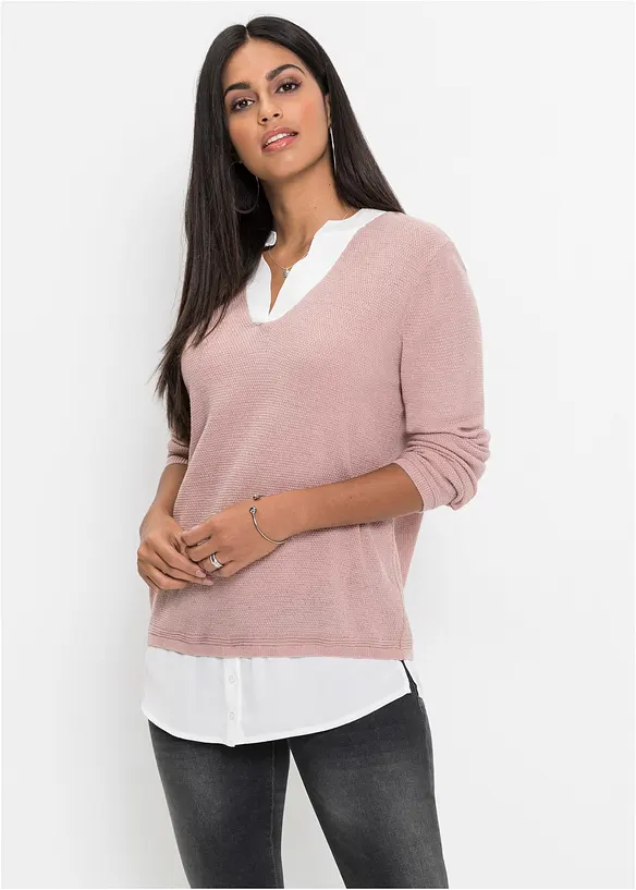 Finstickad tr&ouml;ja med blusinf&auml;llning, bonprix