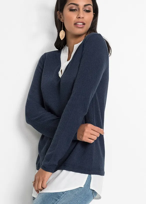 Finstickad tr&ouml;ja med blusinf&auml;llning, bonprix