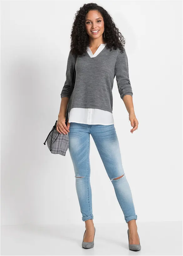 Finstickad tr&ouml;ja med blusinf&auml;llning, bonprix