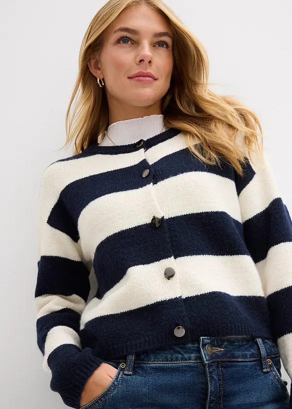 Finstickad cardigan med r&auml;nder, bonprix