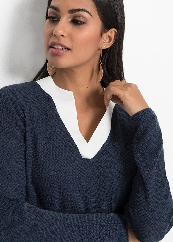 Finstickad tr&ouml;ja med blusinf&auml;llning, bonprix