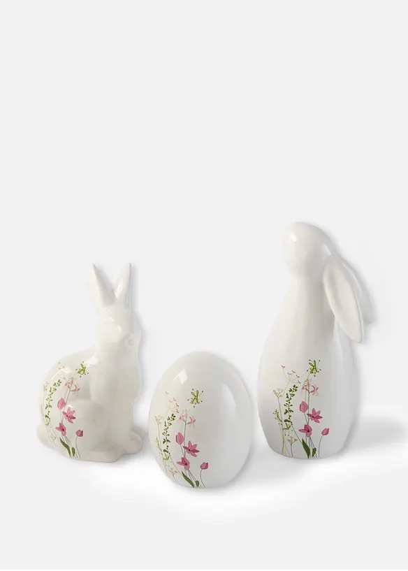 Prydnadsfigur, hare och &auml;gg med blommor (3 delar), bonprix