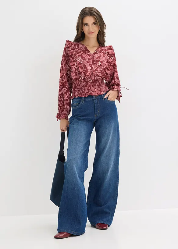 Blus med volanger och smock, bonprix