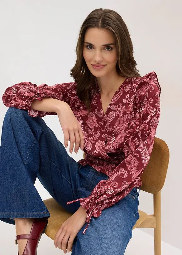 Blus med volanger och smock, bonprix