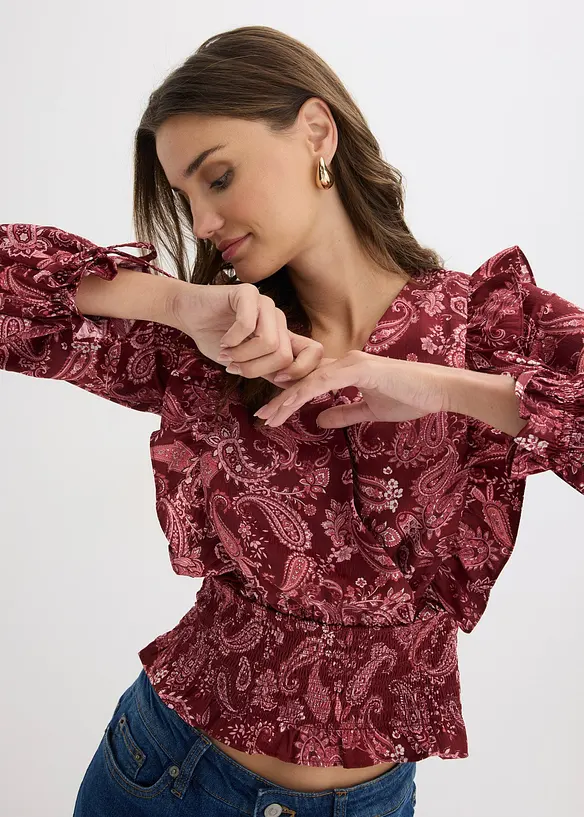 Blus med volanger och smock, bonprix
