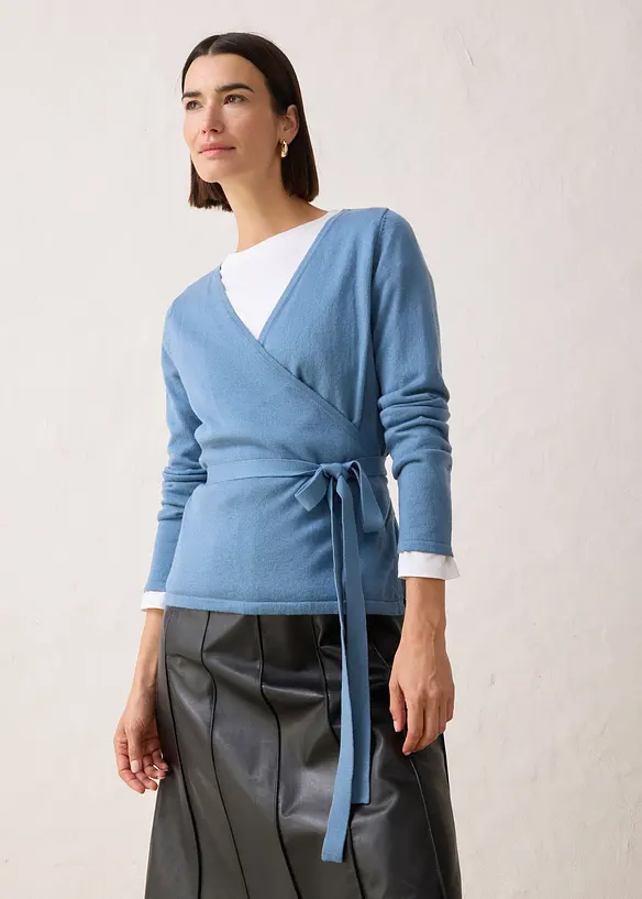 Omlottcardigan i bomull och merinoull, bonprix