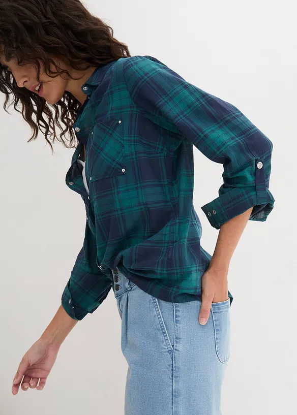 Rutig skjortblus i ren bomull, bonprix