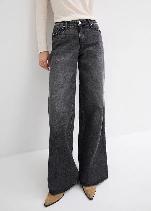 Wide Leg Jeans, Mid Waist, Low Stretch Full Length, bonprix