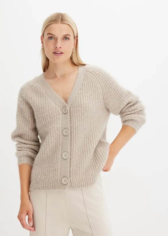 Ribbstickad cardigan med glansiga effekter, bonprix