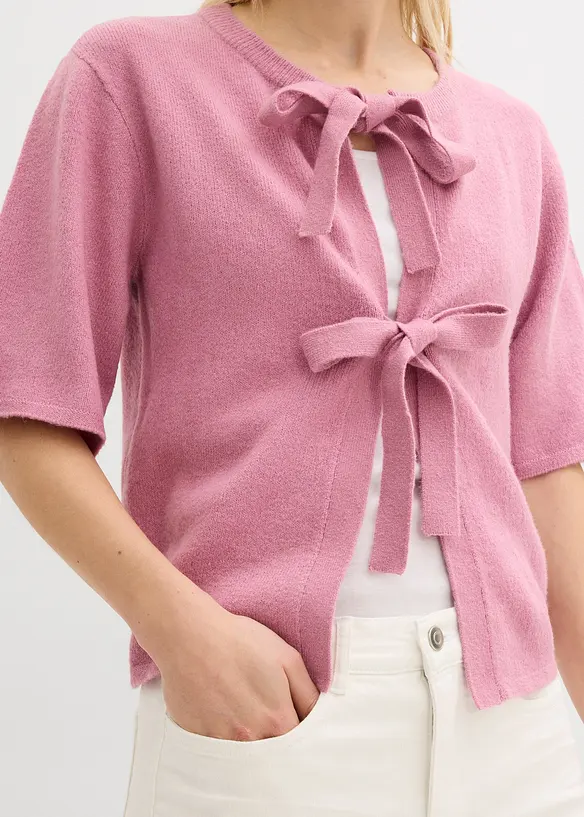 Finstickad cardigan med rosetter, bonprix