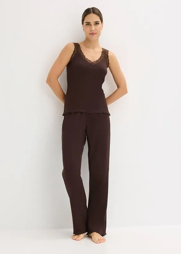 Ribbstickad pyjamas med spets, bonprix