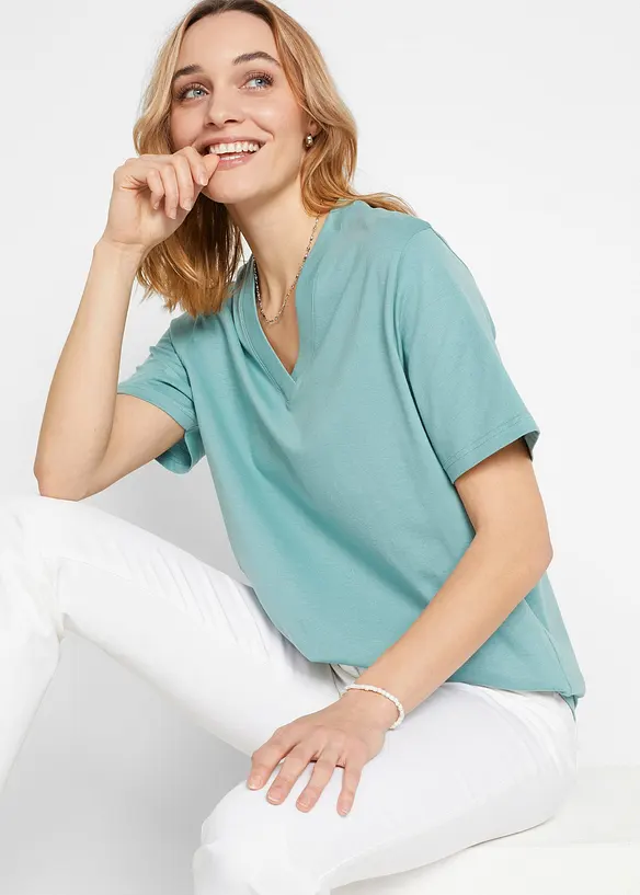 Vid l&aring;ng topp med V-ringning (5-pack), kort&auml;rmad, bonprix