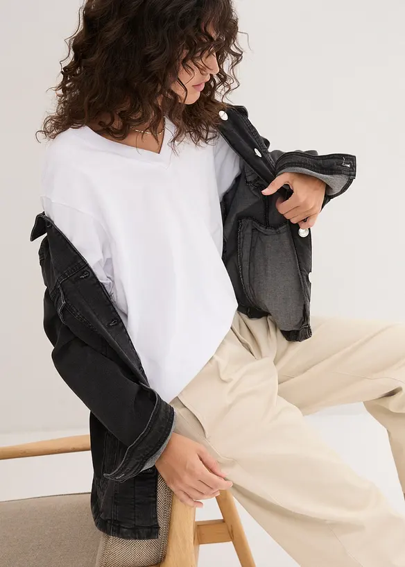 Vid l&aring;ng topp med V-ringning (5-pack), kort&auml;rmad, bonprix