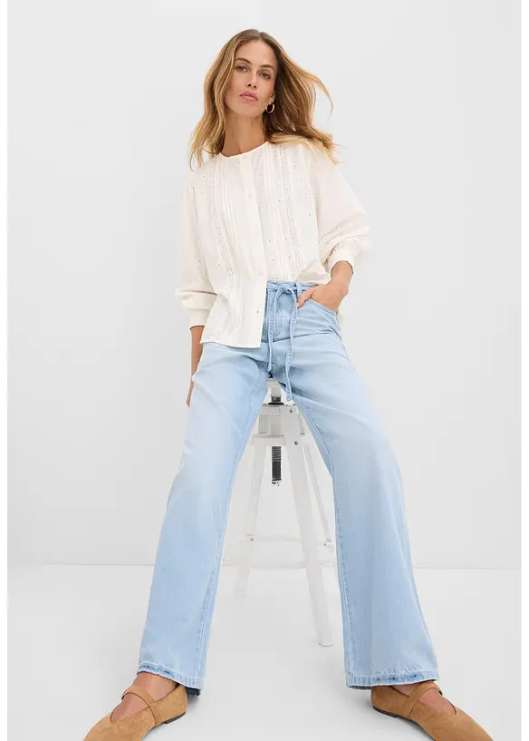 Wide Leg Jeans, Mid Waist, med knytsk&auml;rp, bonprix