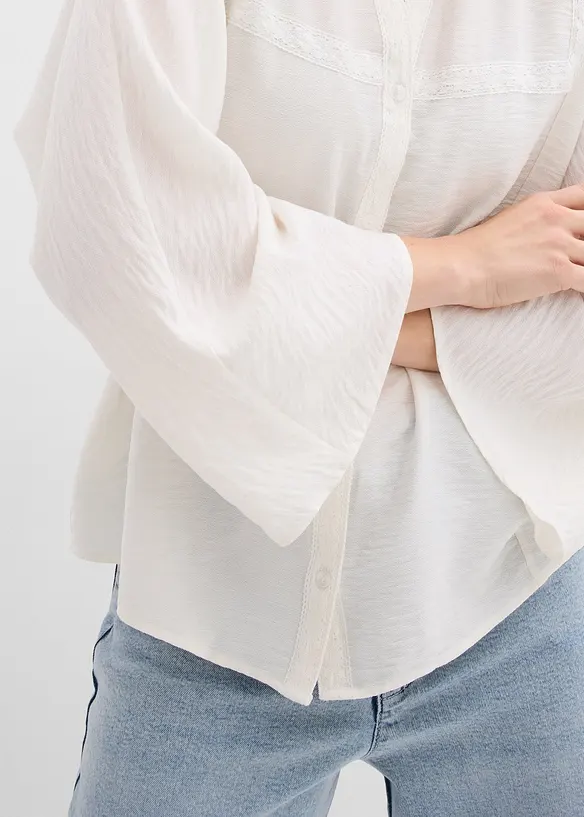 Blus i bomull med vida &auml;rmar, bonprix