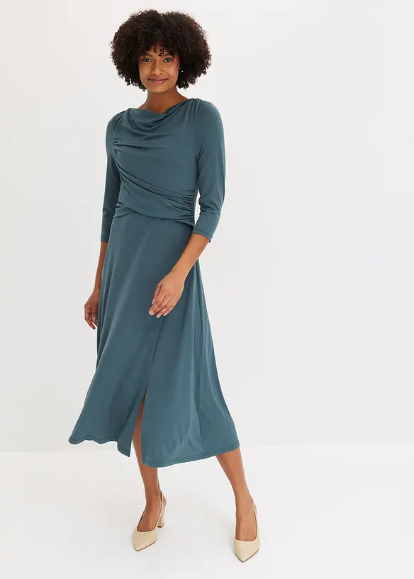 Draperad mellanl&aring;ng kl&auml;nning med 3/4-&auml;rmar, bonprix