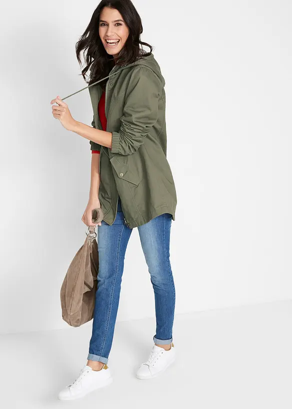 Bomullsparkas med m&ouml;nstrad huva, bonprix