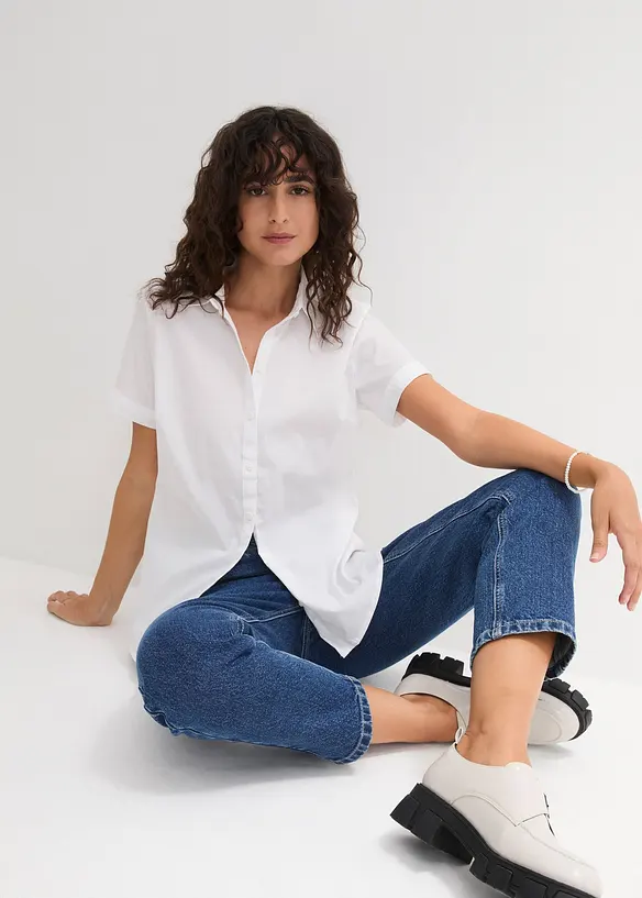 Stretchblus i bomullsmix, kort&auml;rmad, bonprix