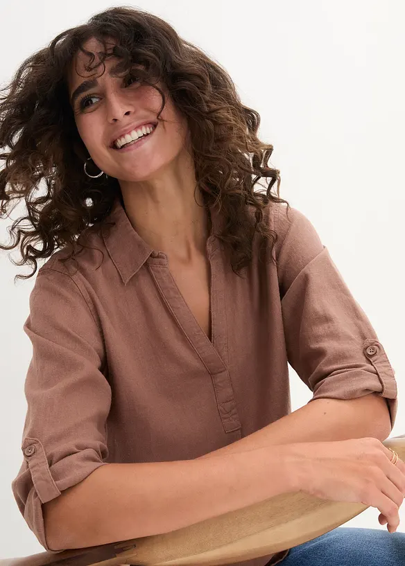 Blus med linne och 3/4-&auml;rmar, bonprix