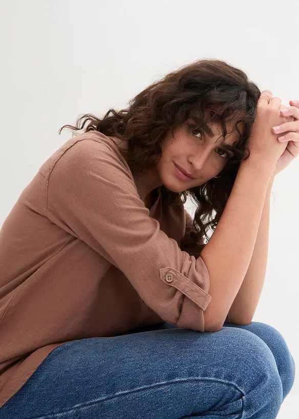 Blus med linne och 3/4-&auml;rmar, bonprix