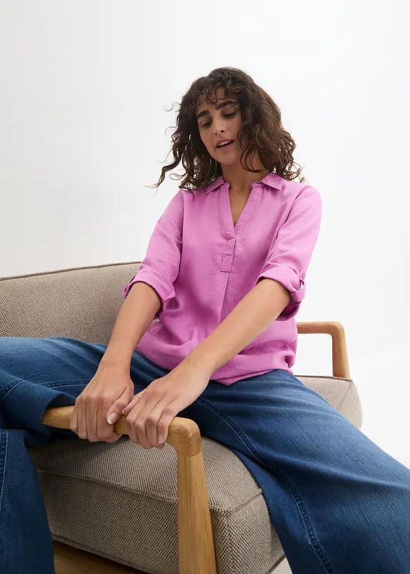 Blus med linne och 3/4-&auml;rmar, bonprix