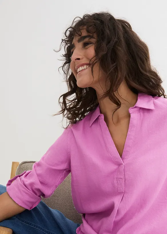 Blus med linne och 3/4-&auml;rmar, bonprix