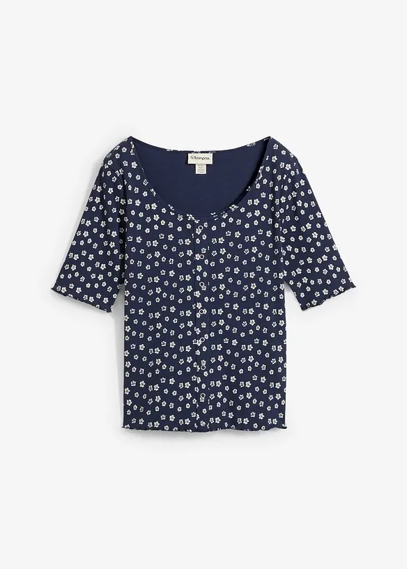 Ribbad topp med blomm&ouml;nster, halv &auml;rm, bonprix