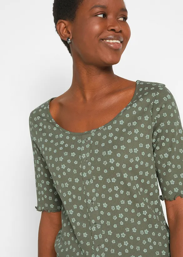 Ribbad topp med blomm&ouml;nster, halv &auml;rm, bonprix