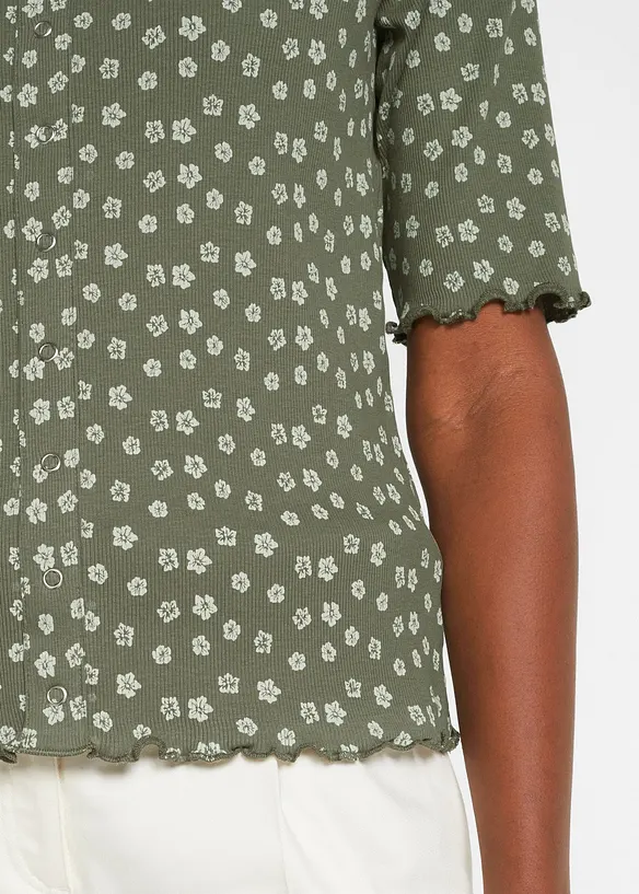 Ribbad topp med blomm&ouml;nster, halv &auml;rm, bonprix