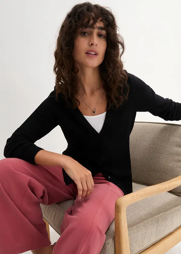 Finstickad cardigan med knappsl&aring;, bonprix