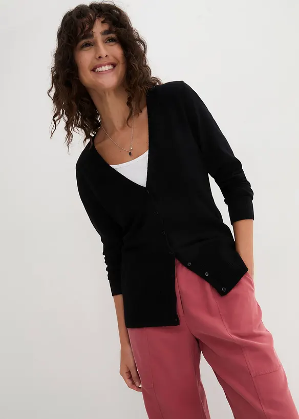 Finstickad cardigan med knappsl&aring;, bonprix