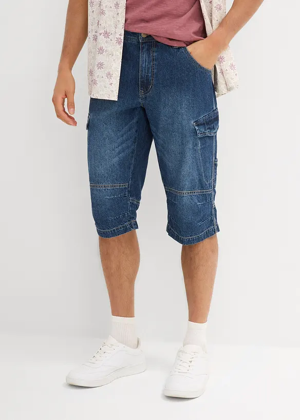 L&aring;nga jeansbermudas i cargomodell av tunt material, Relaxed Fit, bonprix