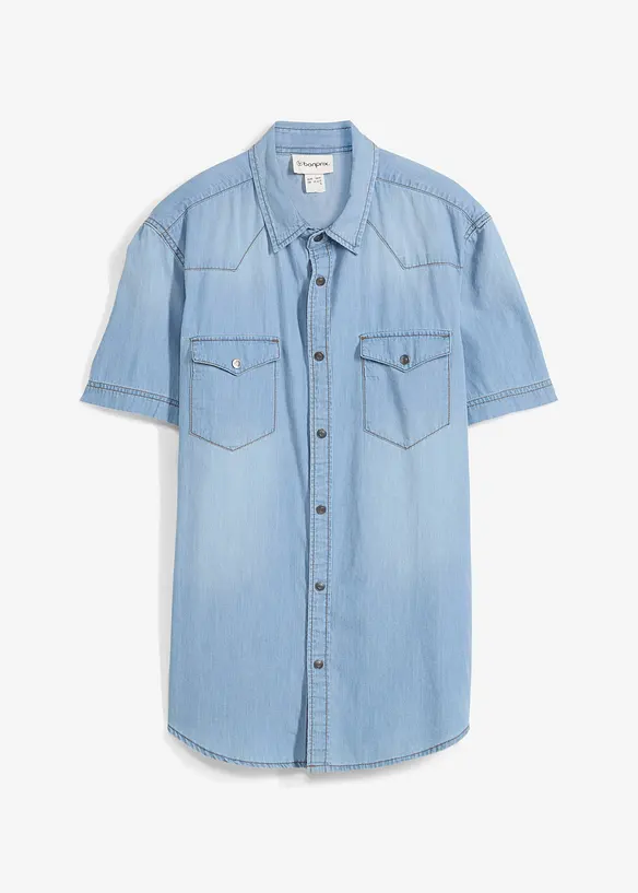Kort&auml;rmad jeansskjorta i ekologisk bomull, smal passform, bonprix