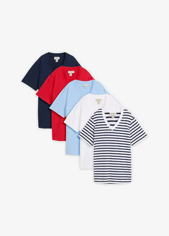 Vid l&aring;ng topp med V-ringning (5-pack), kort&auml;rmad, bonprix