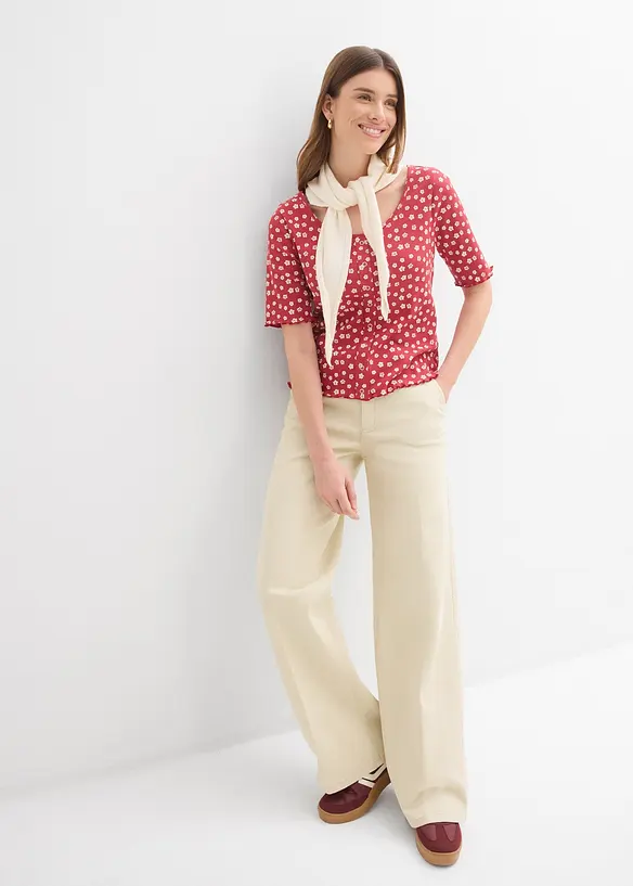 Ribbad topp med blomm&ouml;nster, halv &auml;rm, bonprix